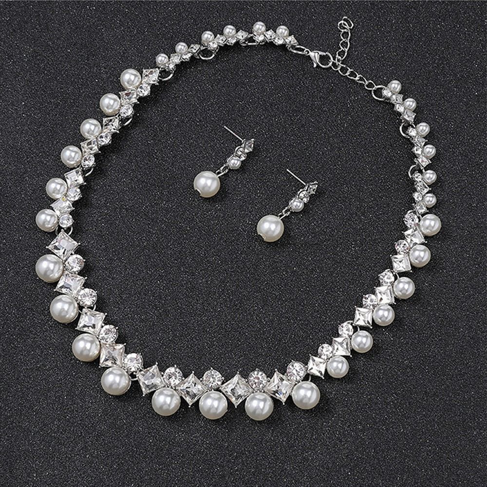 Pearl Vintage Rhinestone Alloy Korean Style Jewelry Set Bridal Wedding Jewelry Set Women Necklace Dangle Earrings 61cbd