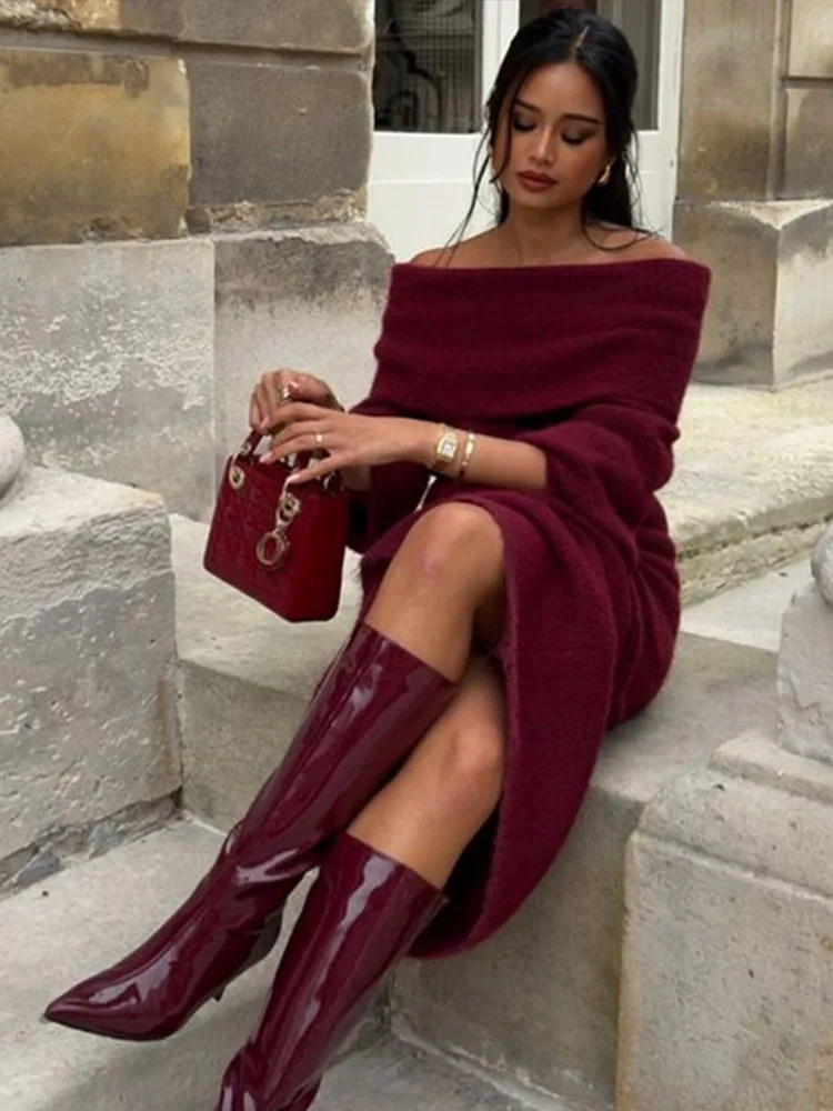 Womens Burgundy Knitted Long Leather Cover Elegant Slant Neck Full Lantern Sleeve Top Long Skirt Autumn Two Piece Set 241112