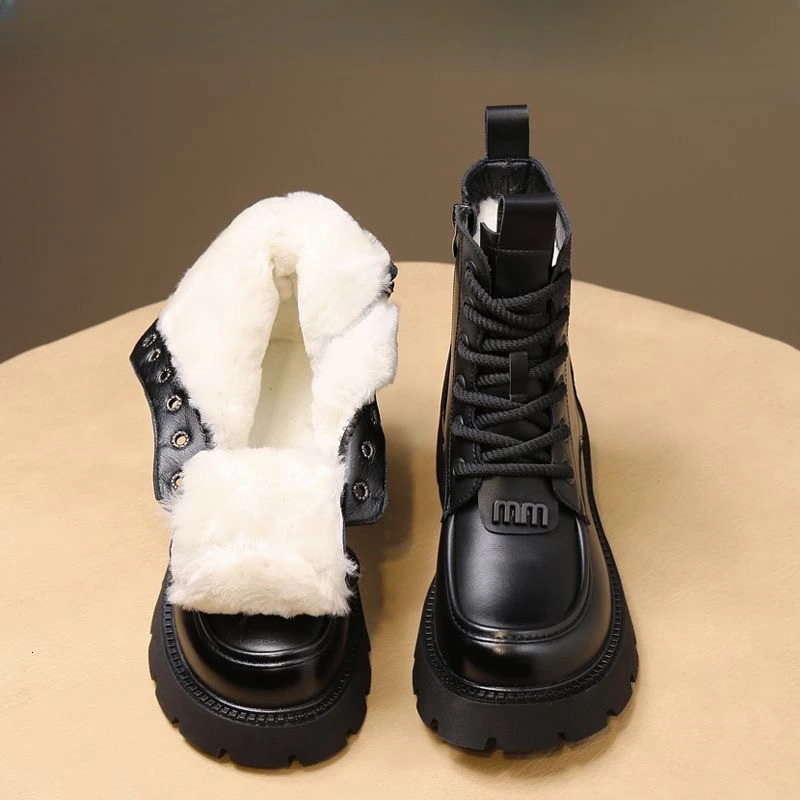 Winter Women Shoes Round Toe Chunky Heel Boots Genuine Leather Shoes for Women Warm Wool Snow Boots Zipper Platform Shoes Women 241112