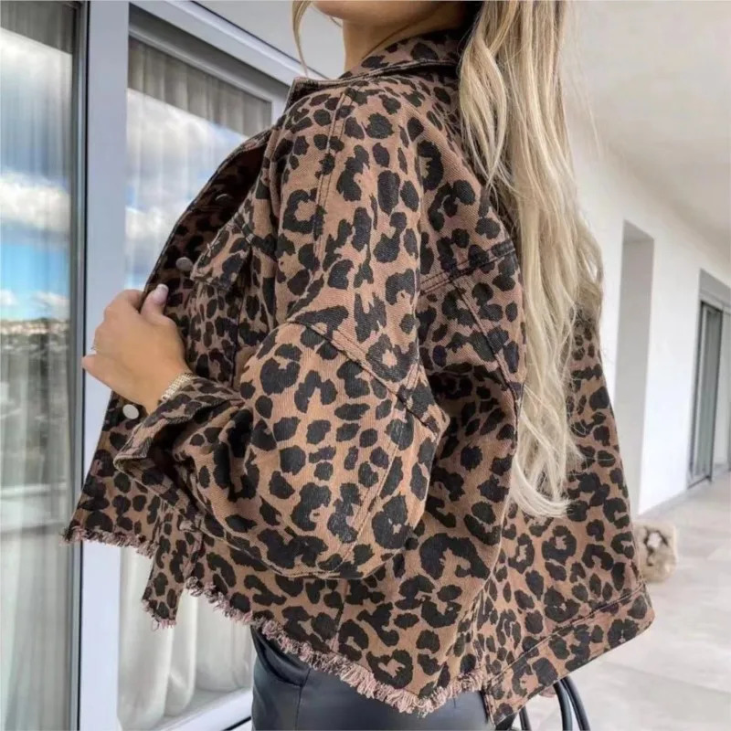 Fashionable womens leopard print denim jacket womens casual lapel button chest pocket jacket denim jacket 241112