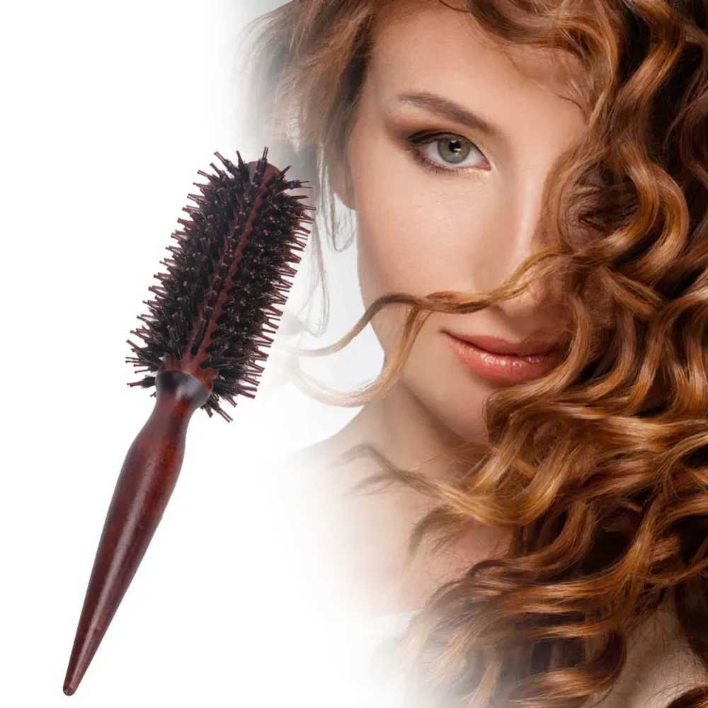 Portable womens hair brush round anti-static curling brush natural bristle wood handle hair brush fashionable hair brush W241112