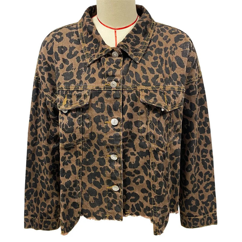 Fashion leopard print fringe hem jacket for womens casual jacket womens spring and autumn collar single breasted open denim jacket 241112
