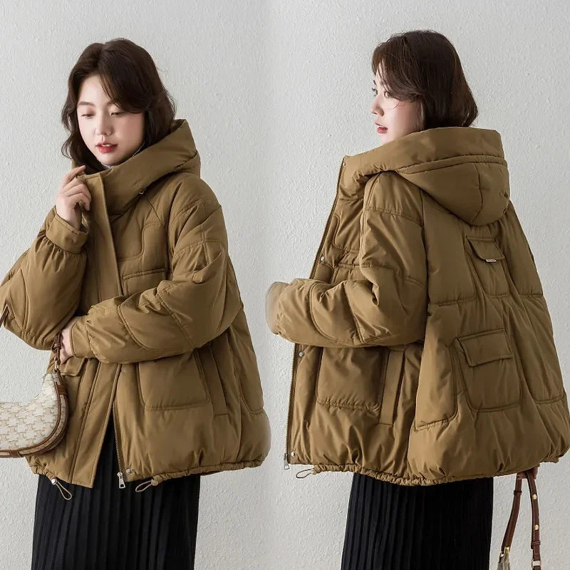 Winter Short Jacket Parka 2024 Thicken Warm Coat Hooded Solid Color Casual Women Streetwear Down Cotton 241108