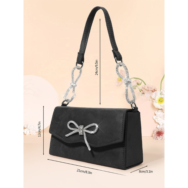 Sparkling Rhinestones Bowknot Evening Bag Women Solid Color Small Sqaure Handbag Lady Elegant Banquet Prom Party Shoulder Bag