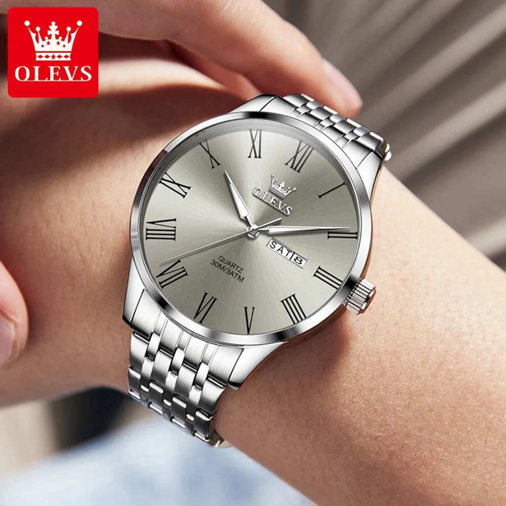 OLEVS original simple mens watch waterproof stainless steel quartz watch luminous date Roman scale mens watch 241112
