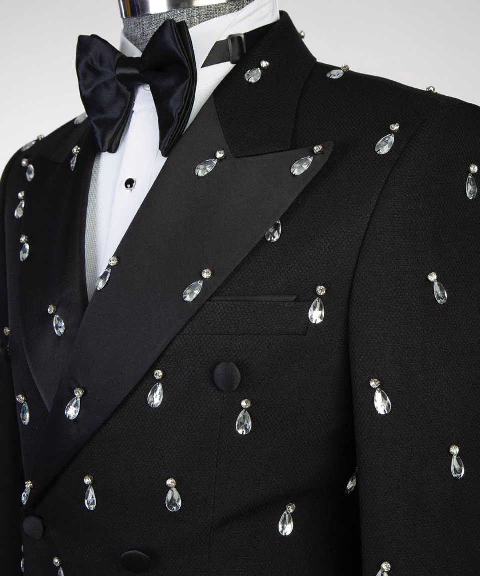 Slim Fit Rhinestone Men Two Pieces Sets Pants Coat Peaked Lapel Wedding Tuxedos Double Breasted Business Formal Groom Wear Custom Made