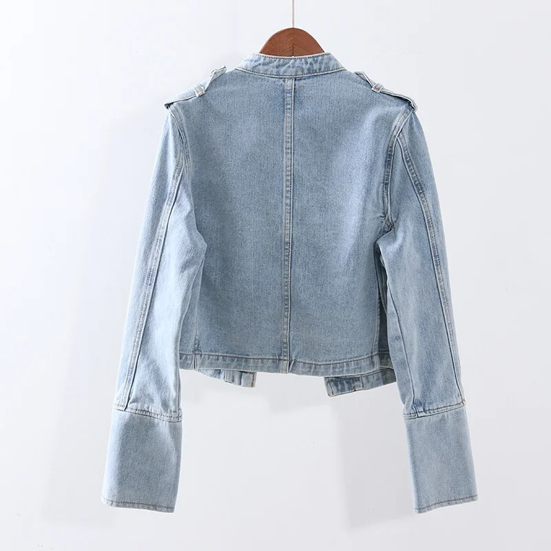 autumn military style handsome stand up collar denim jacket for women double-layer ultra-thin short black denim jacket for womens outerwear 241112