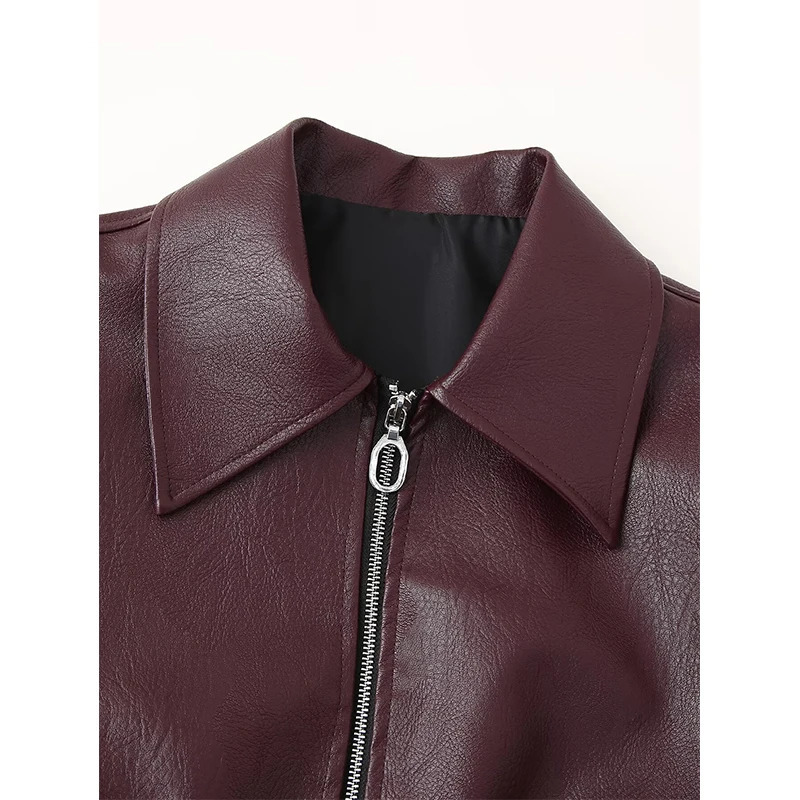 YENKYE Autumn Womens Fashion Artificial Leather Jacket Long Sleeve Collar Womens Motorcycle Coat Wine Red Womens Set 241111