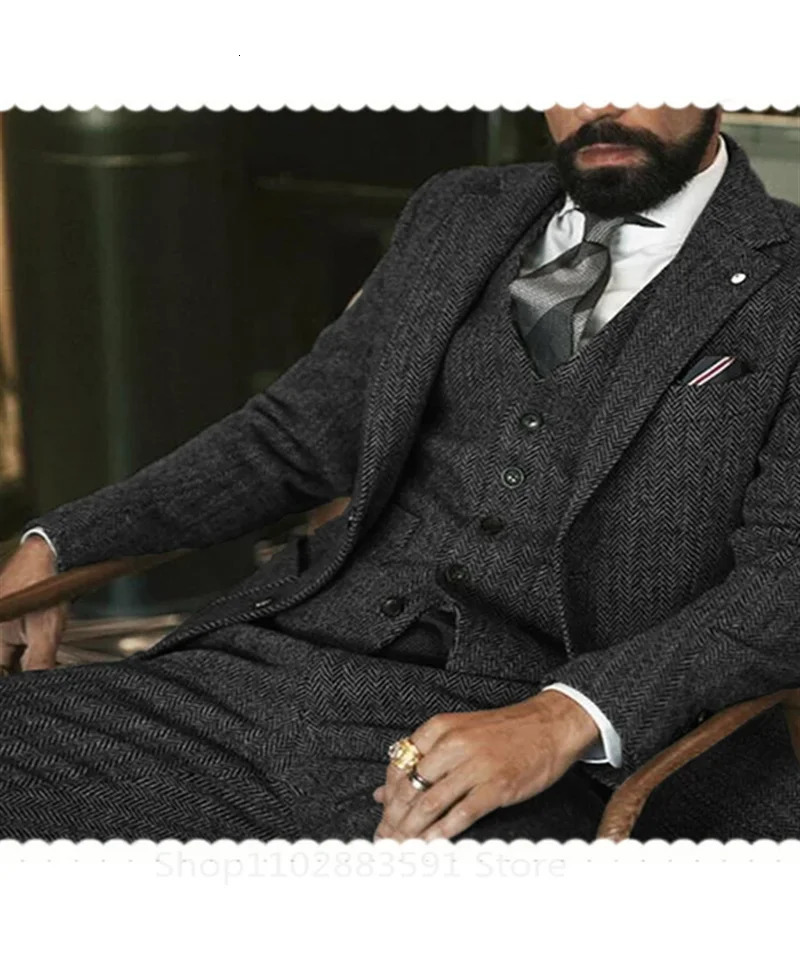 3 Piece Jacket Vest Pants Gray Wool Tweed Winter Men Suits For Wedding Herringbone Male Formal Groom Tuxedo Fashion 241111