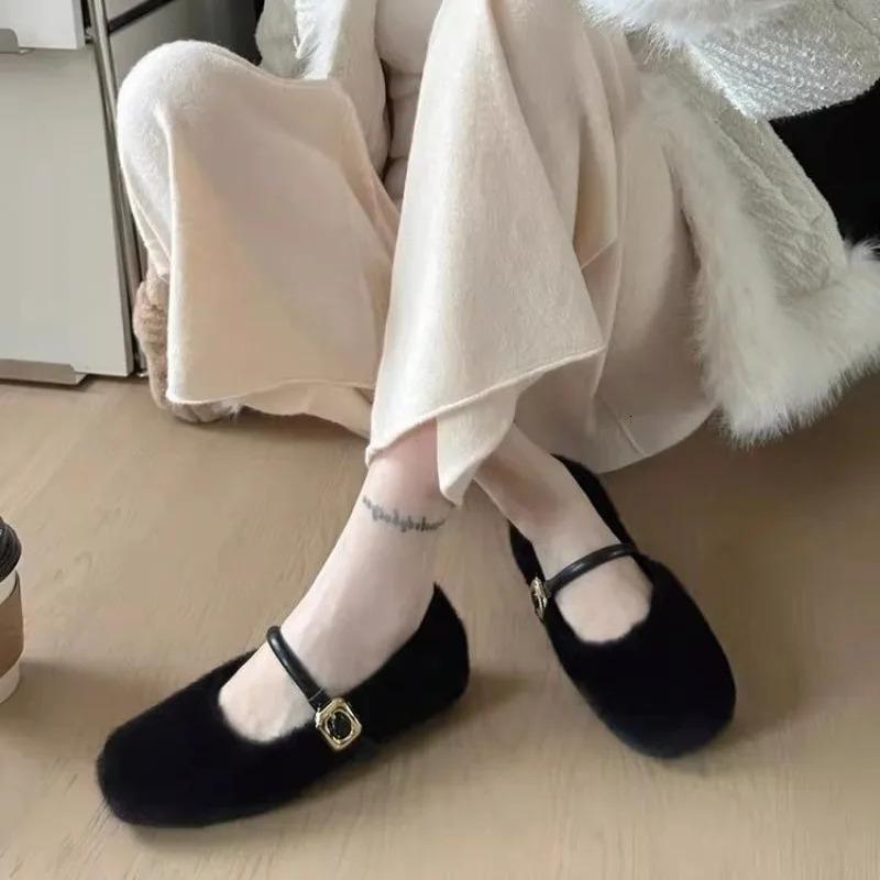 Elegant Buckle Fur Mary Jane Shoes for Women Comfortable Soft Fluffy Ballet Plain Knitted Women Plush Shallow Buckle Comfortable Dress 241111