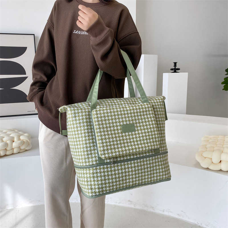 Trendy Fashion Portable Travel Bag Grid Pattern Expandable Fitness Bag Large Capacity Set Luggage Bag