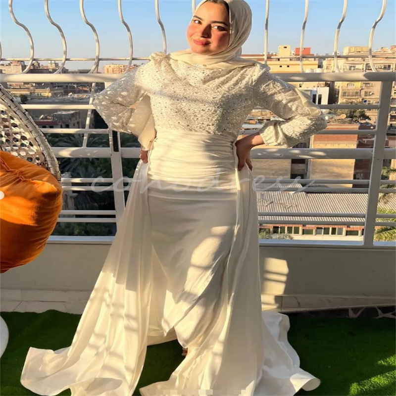 Luxury Arabian Dubai Wedding Dresses With Overskirt Train Elegant Muslim Bride Dress Sequin Long Sleeve Turkish Bride Vestio De Novias 2025