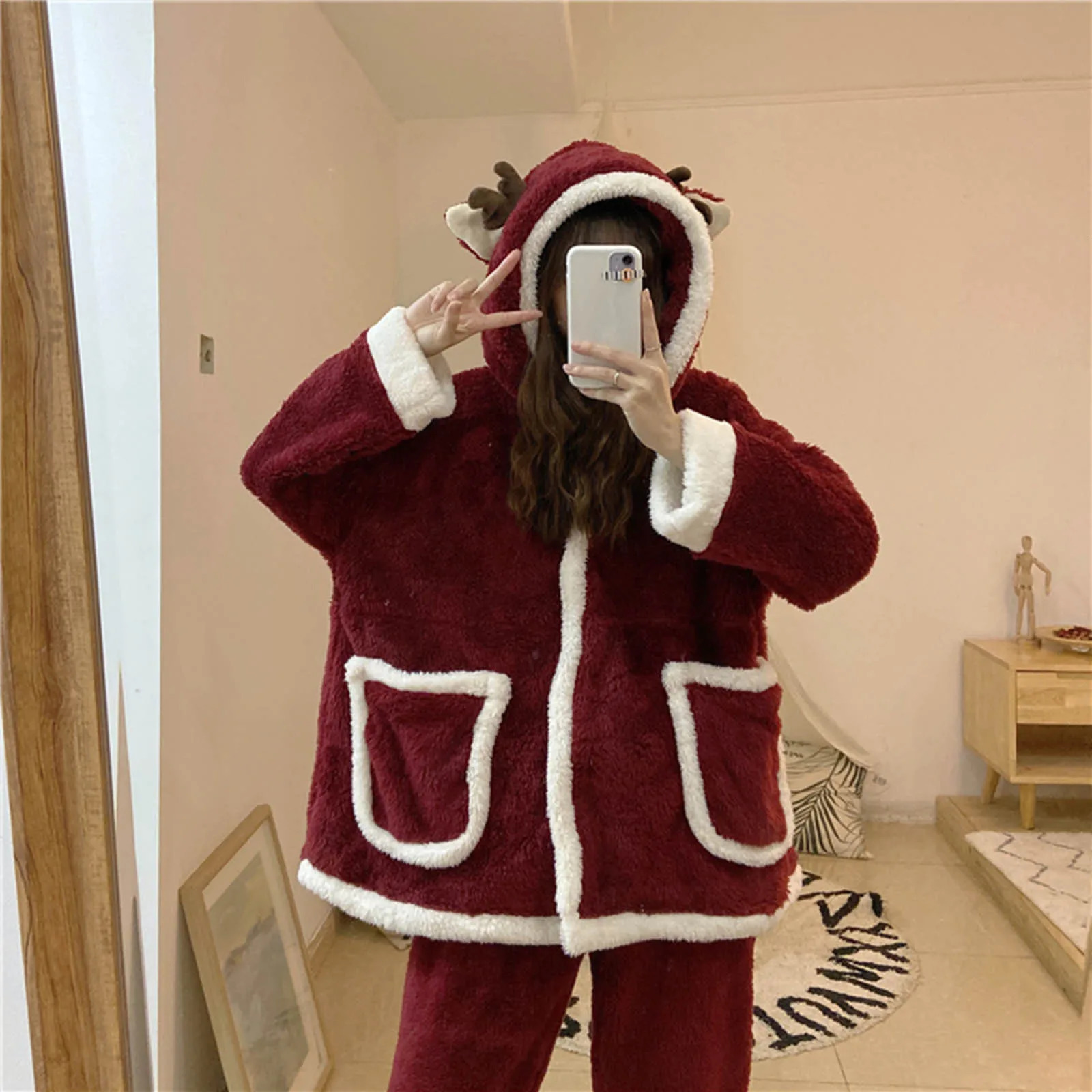 Christmas Pajamas Adults Solid Cute TopPants 2pcs Xmas Sleepwear Kawaii Fluffy Warm Kimono Bathrobe Suit Cosplay Clothes 241112