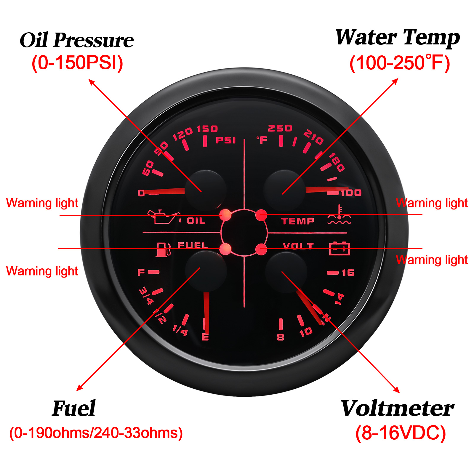 85mm Oil Pressure Water Temperature VOLT Fuel Gauge With Flashing Alarm Light 0-190/240-33ohm 4 In 1 Meter For Car Boat 12/24V