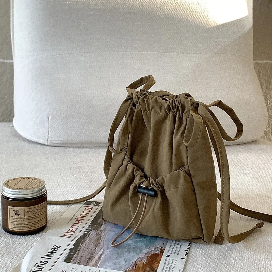 Mini drawstring cross body bag for womens casual Ruched shoulder bag small canvas phone flip bag square nylon handbag fashion 241111