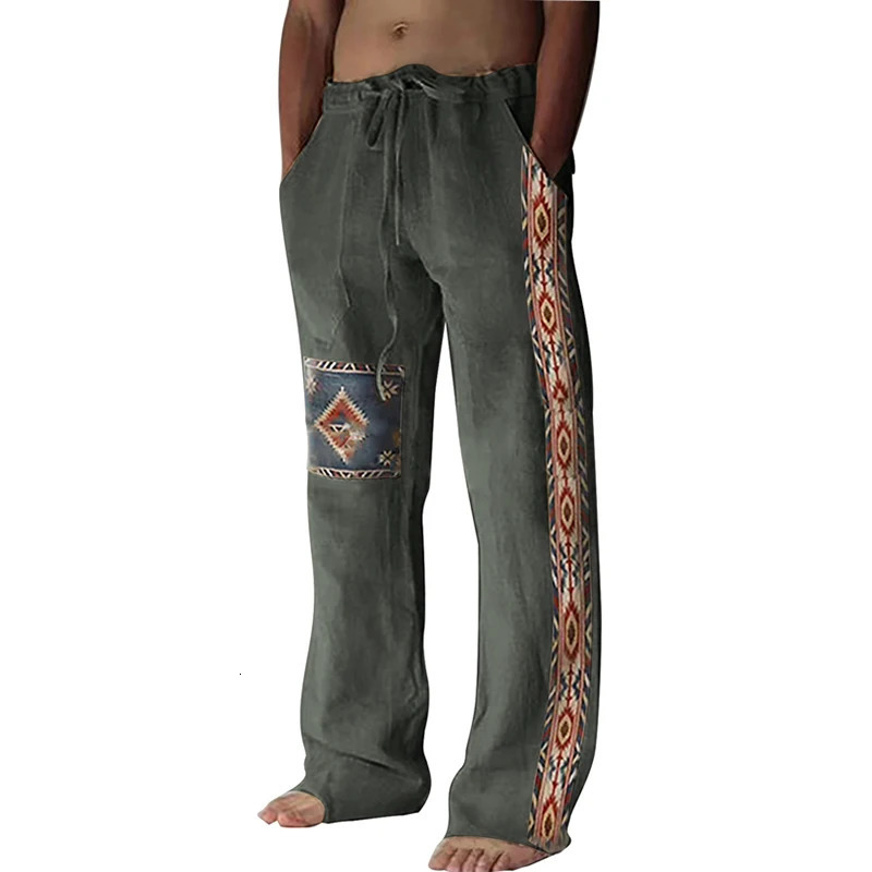 Men Casual Tieup Trouser Classic Pattern Print Man Cotton Linen Pants Spring Summer Fashion Loose Drawstring Straight Long Pant 240328
