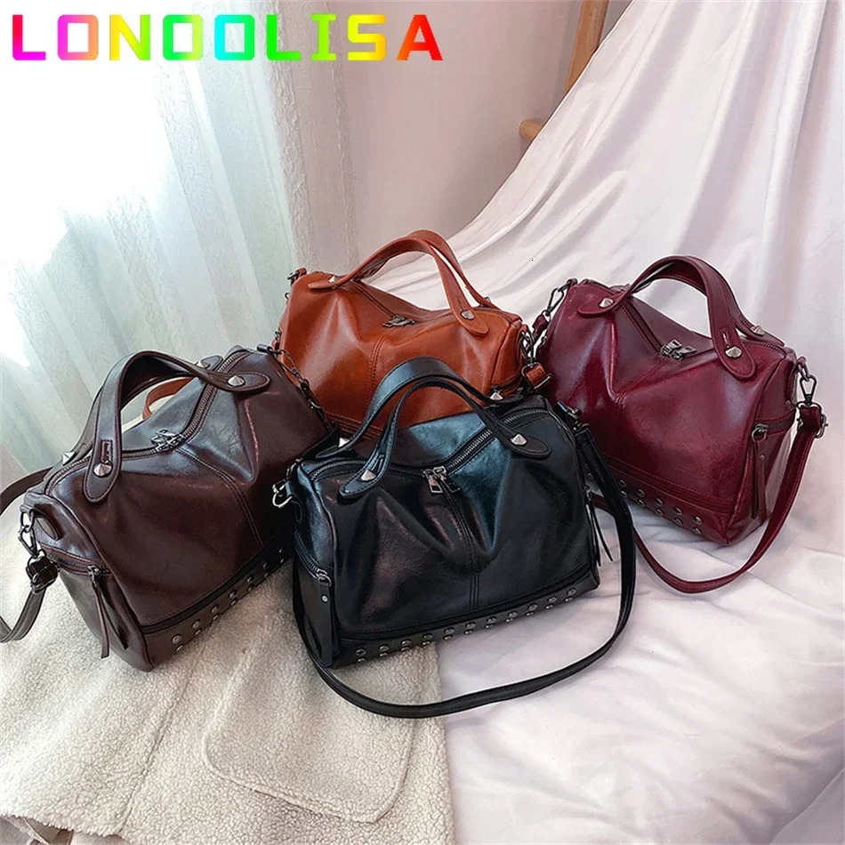 Vintage Female Rivet Shoulder Bag y Handbag Soft PU Leather Crossbody for Women Casual Boston Large Tote Bolsa Feminina 241111