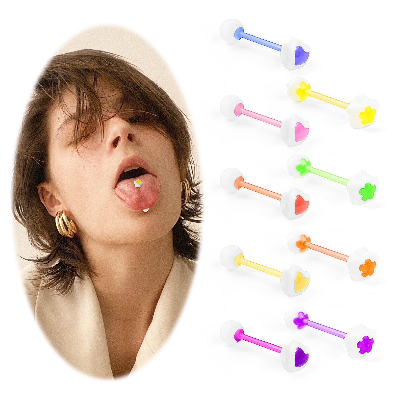 10Pcs color love flower tongue nail breast ring acrylic tongue ring body piercing jewelry