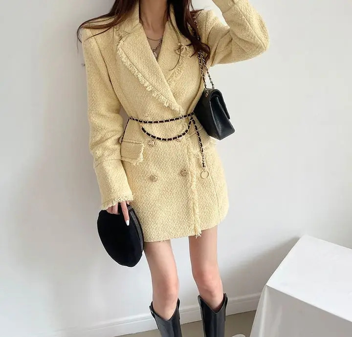 Tassels Pocket Bouble-Breasted Women Long Tweed Suit Dress Coat Long Sleeve Winter Elegant Fashion Vintage Lady Jacket 241112