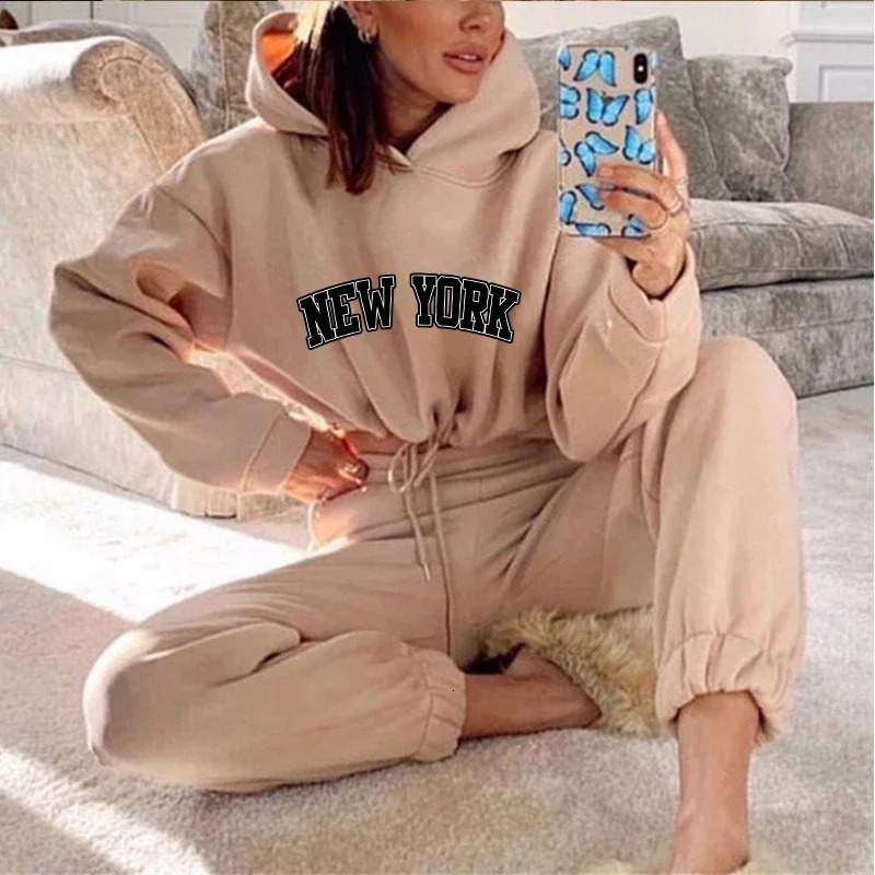 Womens 2 Pieces Suit Hooded Print Pullover Tracksuit Set Drawstring Short Sweatshirts Casual Sweatpants Sports Home Clothing 241108