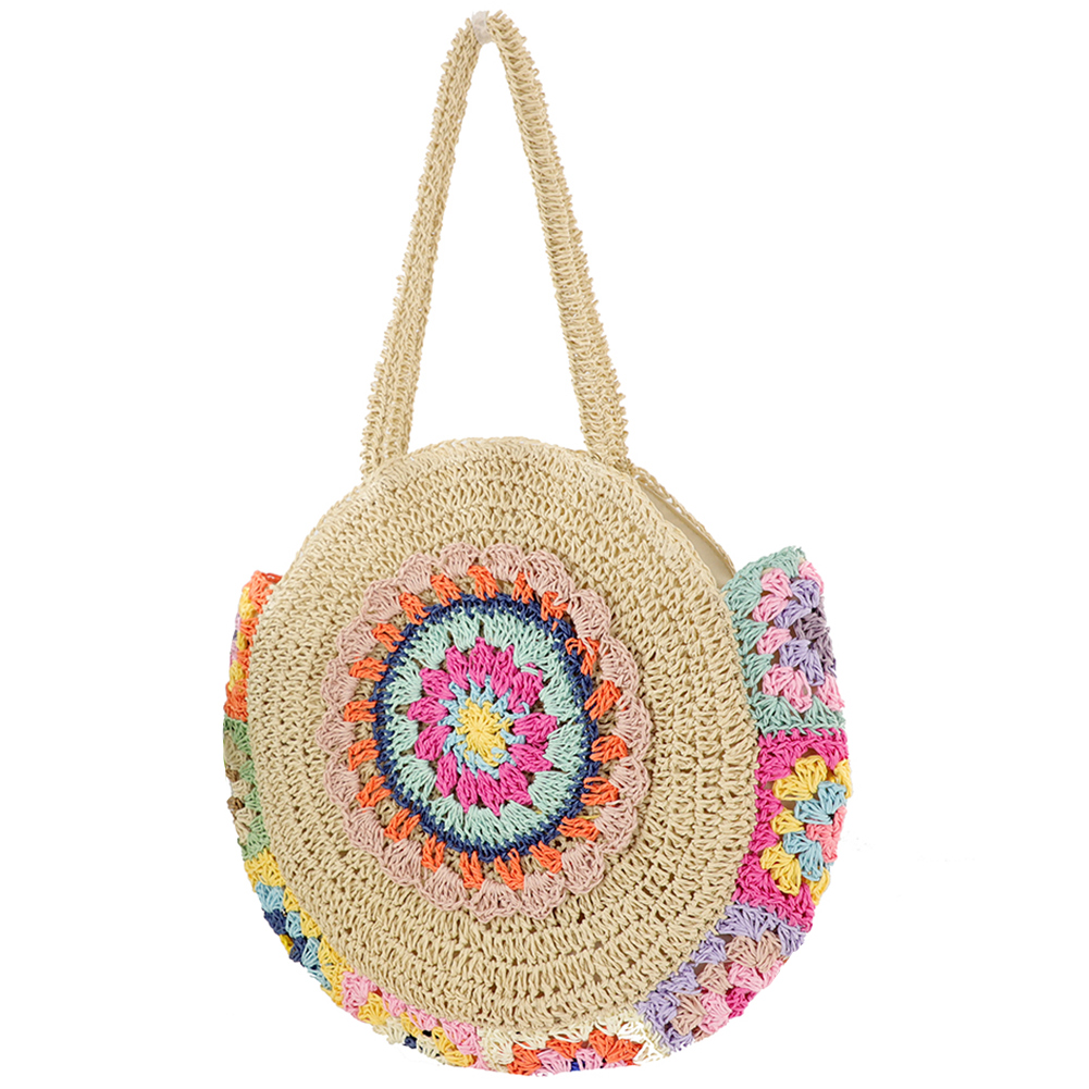 Women Fashion Woven Handbag Round Straw Woven Tote Bag Weave Straw Bag Large Capacity Ethnic Style for Travel Vacation