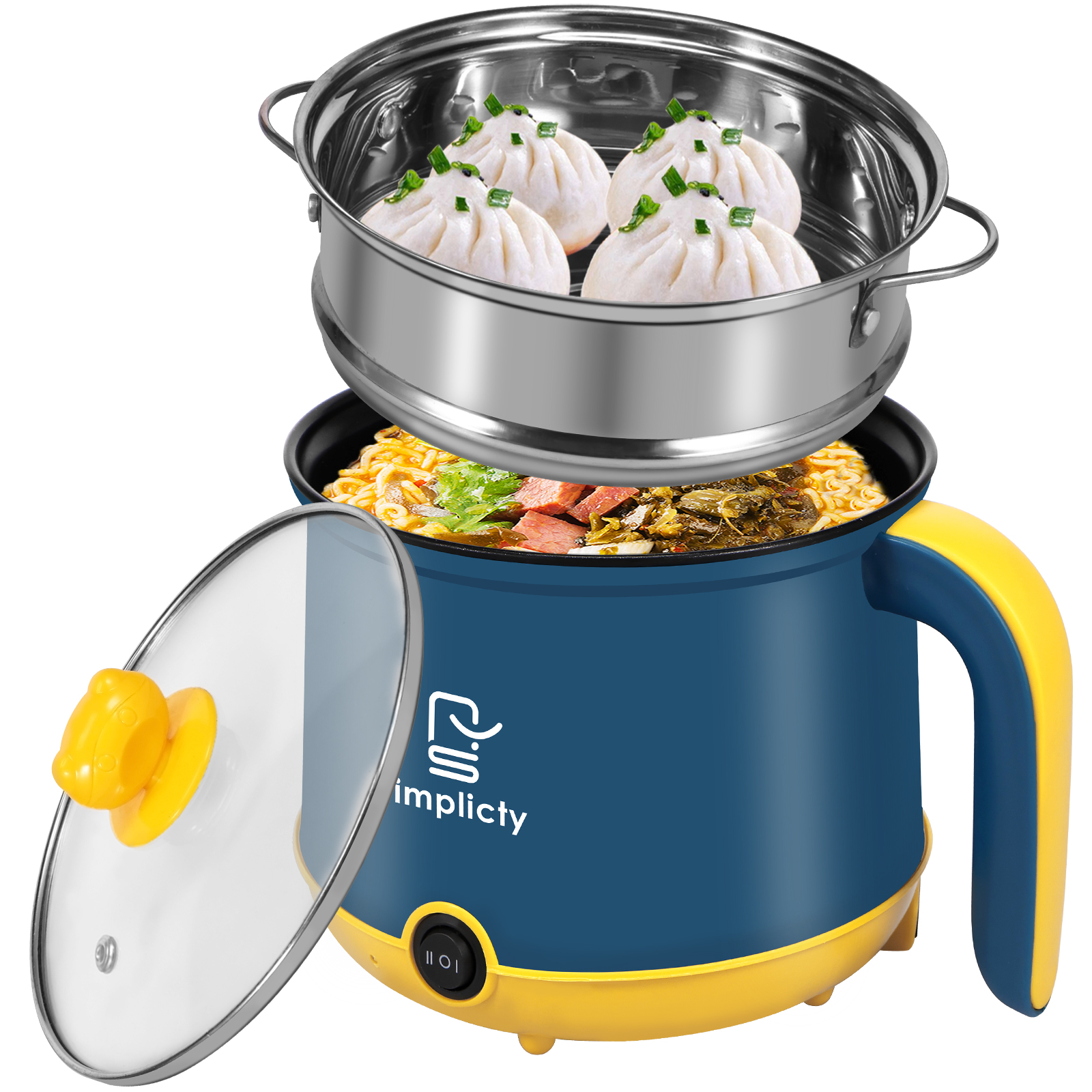Electric Hot Pot with Handle 1.8L / 55oz Electric Cooking Pot Non-Stick Mini Cooker with Steam Rack 2 Gear Mini Hot Pot Cooker