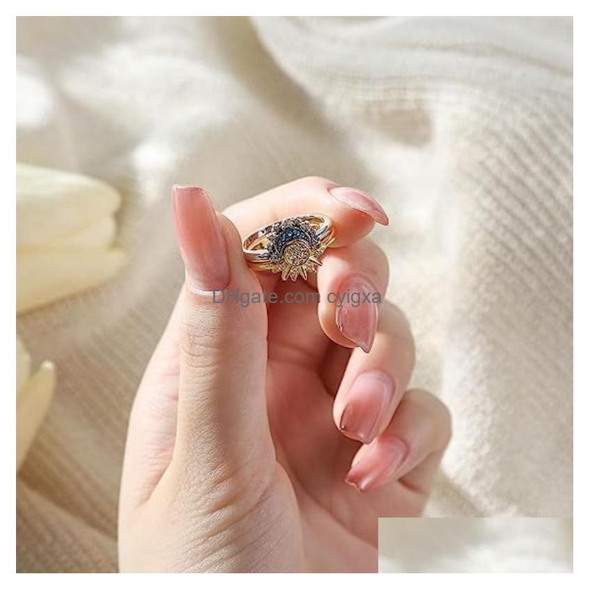 Band Rings 2Pc/Set Summer Couple Ring Set Sky Blue Sparkling Moon And Sun 2023 New Womens Stackable Finger Engagement Jewelry Drop Del Otbnw