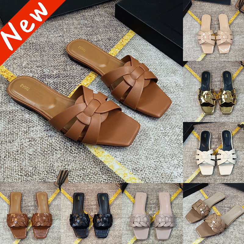 Designer Sandals womens Tribute sandal sl Calf skin Leather Flats Slippers slides heels Brown Embossed luxury mules women slide Slipper sliders summer beach sandal