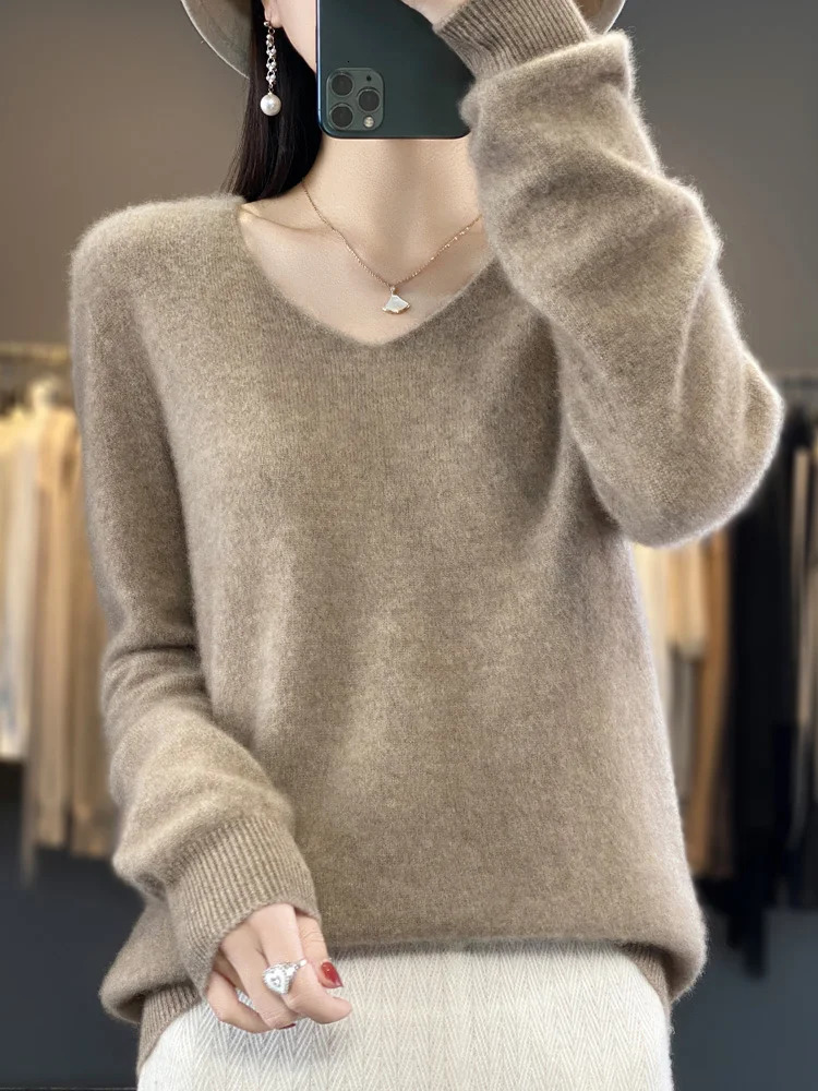 Fashion 100% Merino wool sweater cashmere latte womens knitted V-neck long sleeved autumn fashion basic clothing top 241113 - view 4