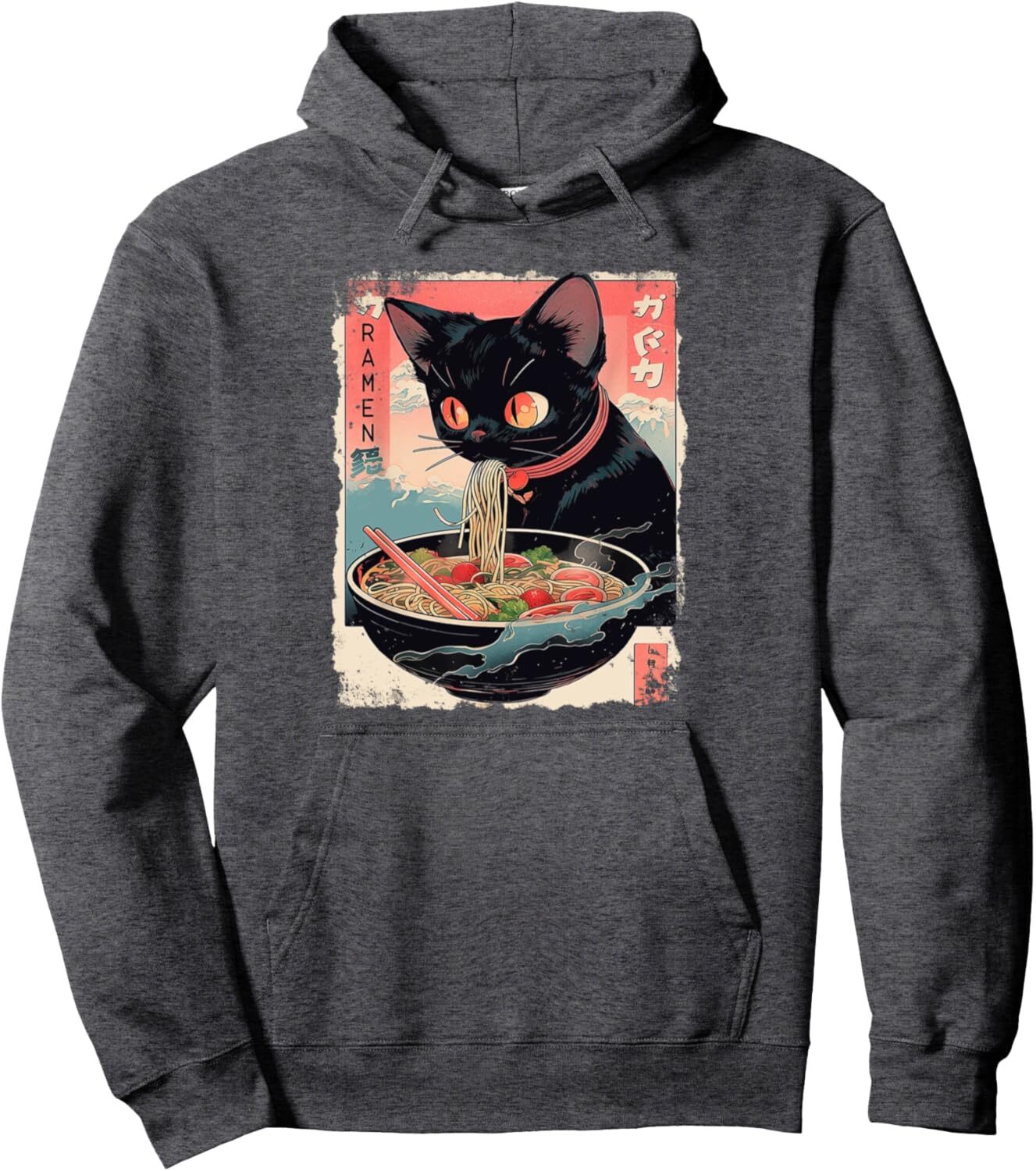 Hoodie for Mens Womens Cute Black Cat Love Ramen Kawaii Neko Anime Japanese Pullover Hoodie Graphic Hoodies sweatshirt
