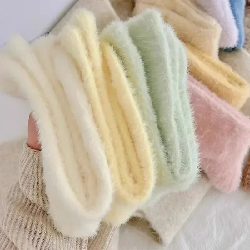5 pairs of mink wool womens super soft socks for winter warmth thick coral plush socks for snow home sleep Kawaii socks 241112