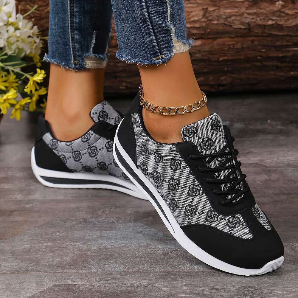 Breathable Women's Retro Rose Print Flat Low Heel Casual Sneakers, Lace-Up Running Shoes, Low-top Trainers