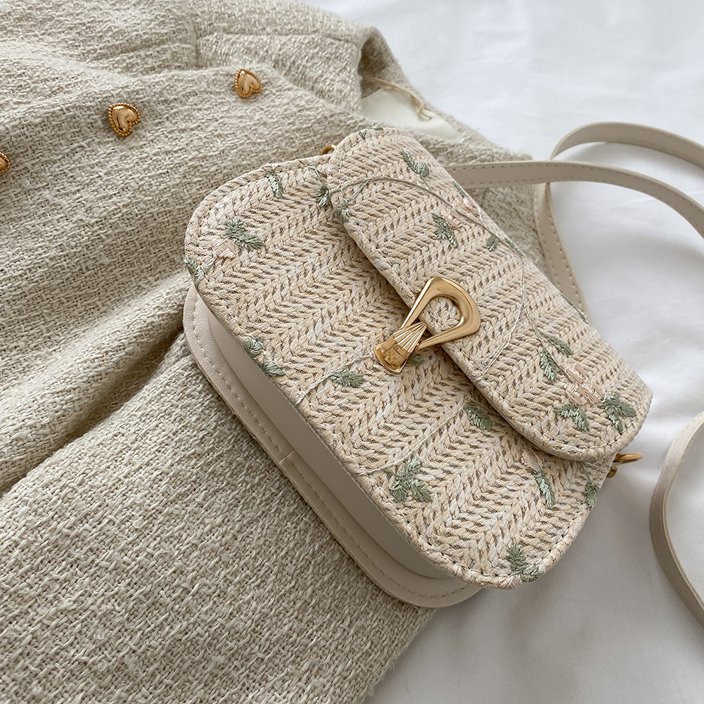Women Flower Straw Purse Adjustable Strap Weaving Flower Purse Hasp Closure Plant Sling Bag Female Summer Beach Bag