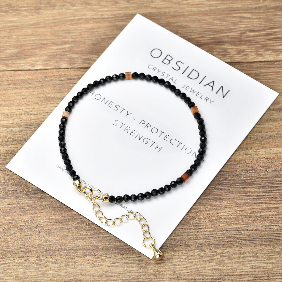 Black Obsidian Real 3mm and Carnelian Lucky Crystal Gem Stone Bracelets for Women Copper Plated with 14K Gold Jewelry smile