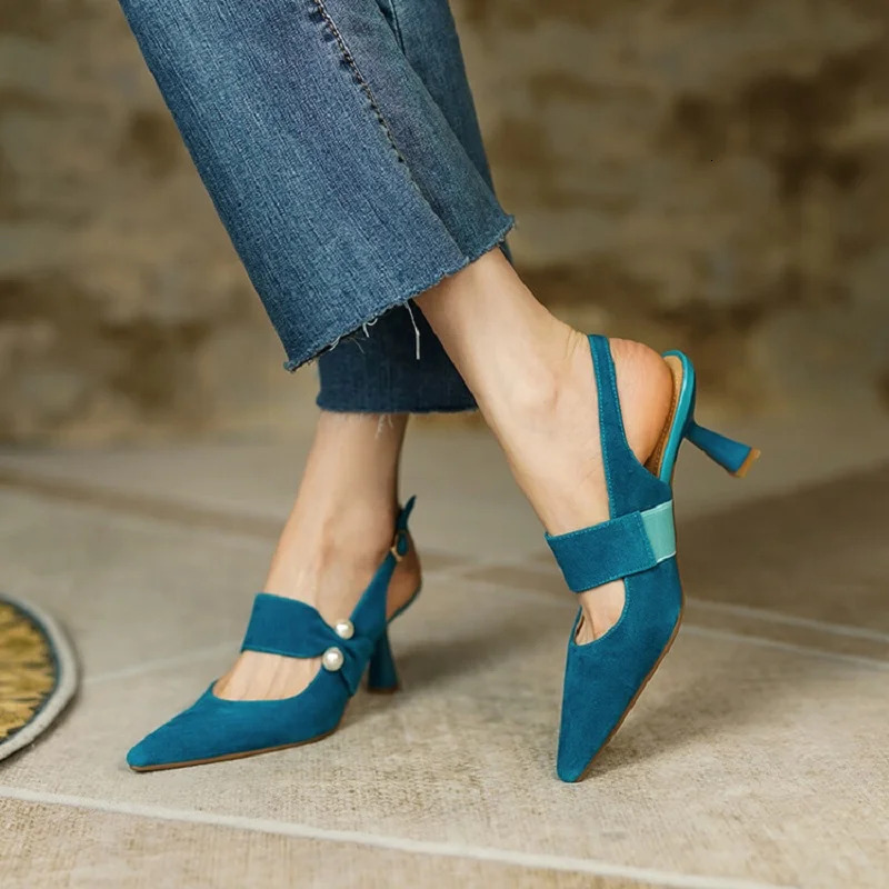 Summer Sheep Suede Leather For Women Pointed Thin Heel Shoes Cover Toe Sgback Shoe Blue Pearl Sandals