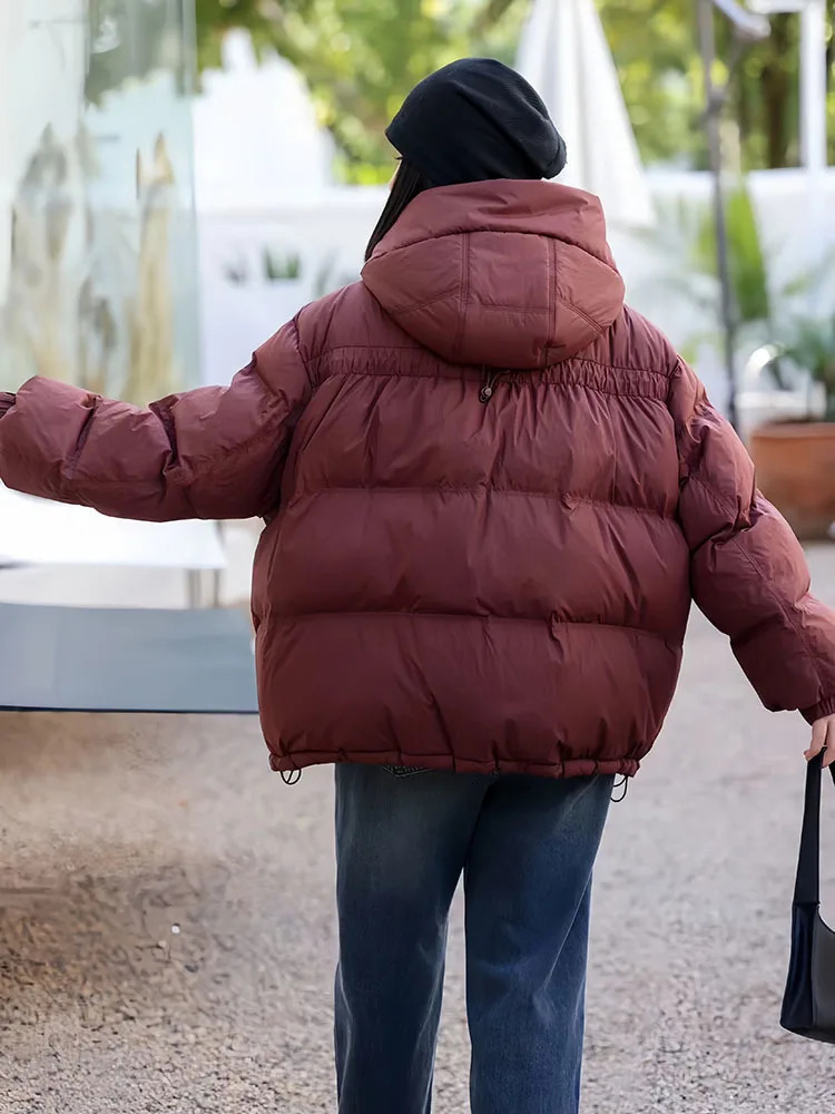 Solid color loose casual short sleeved jacket winter thick hooded white duck down coat pocket button zipper coat 241112