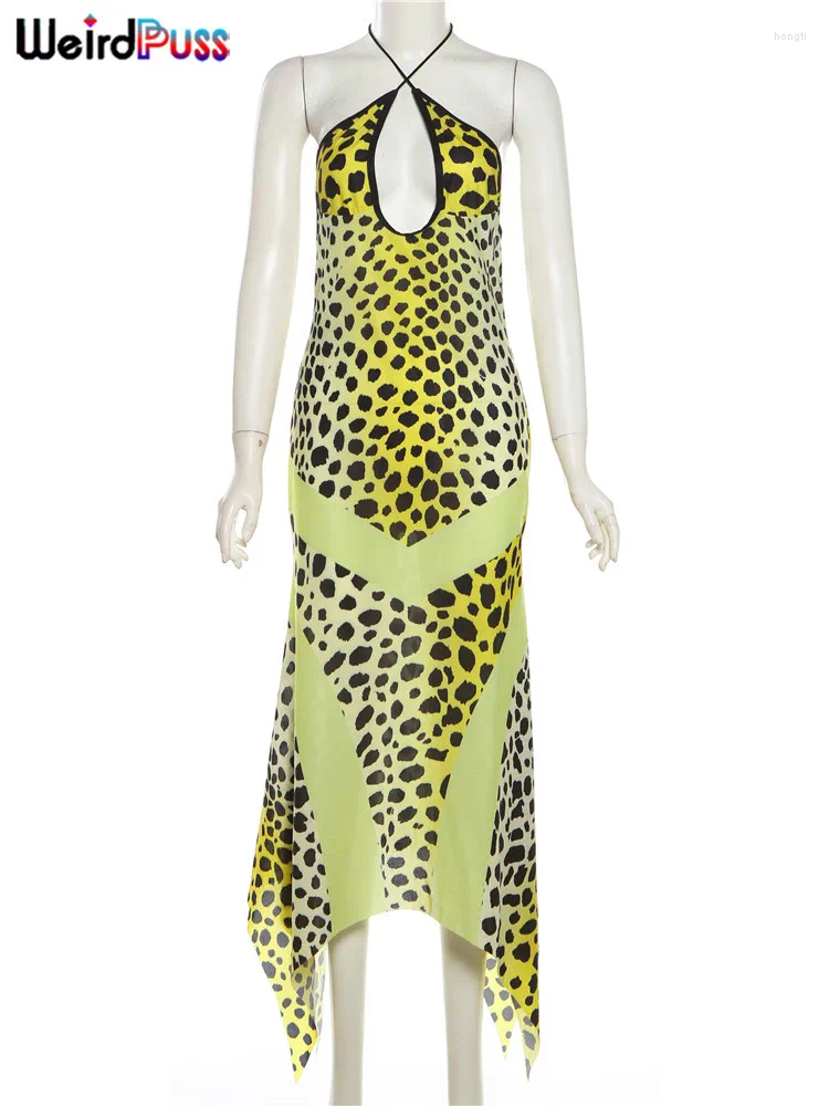 Casual Dresses Nibber Leopard-Print Halter Dress Woman Summer Sexy Backless Chiffon Patchwork Trend Two-Way Wear Irregular-Hem Chic B