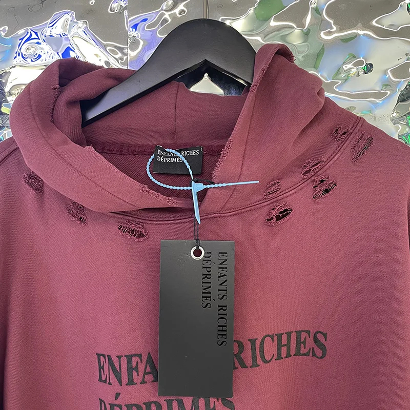Men Women Wine Red Vintage Damaged Hole Hoodie Best Quality Oversized Classic Pullovers Hooded