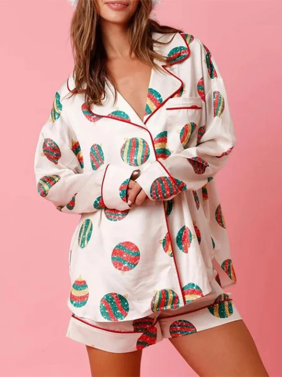 Christmas Pajamas Shorts Set for Women Santa Claus Pjs Long Sleeve Button Down ShirtPants 2 Piece Xmas Jammies Loungewear 241113