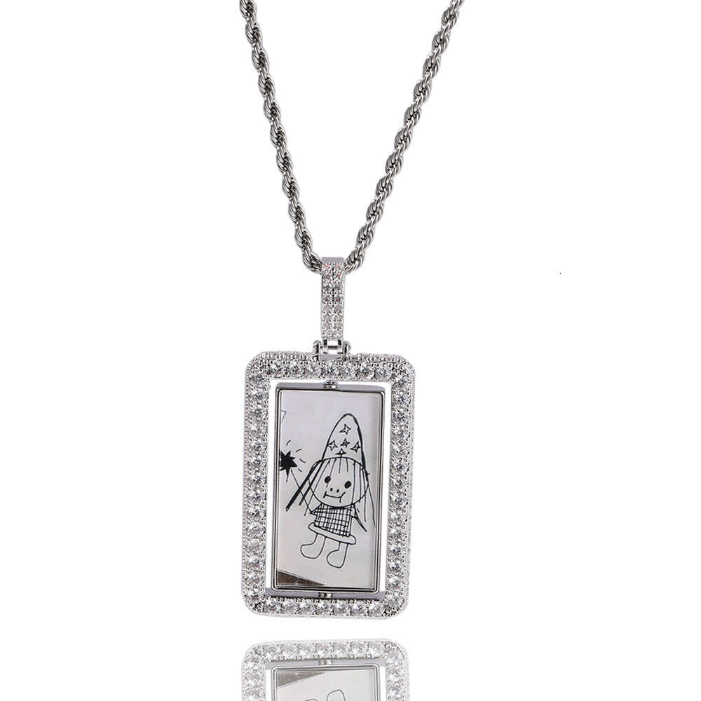 Top Quality Rotating Custom Photo Square Frame Pendant Necklace Hip Hop Full Iced Out Cubic Zirconia Fashion Personalized Diy Picture Couple Jewelry G