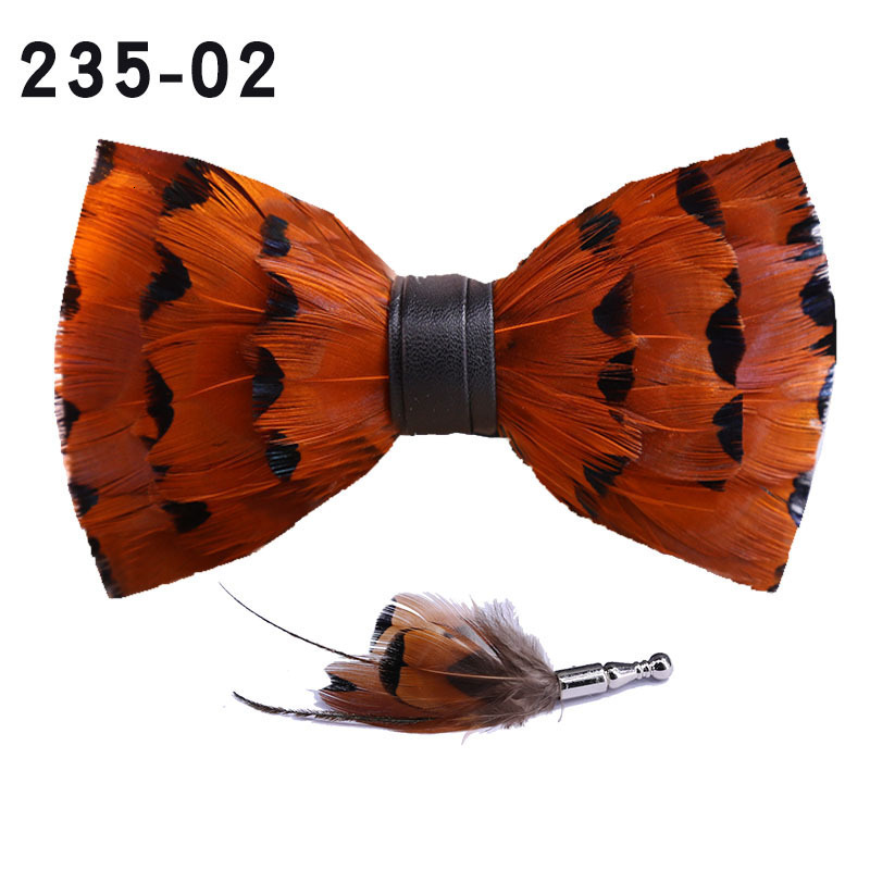 Feather Bow Tie Brooch Set - Wooden Gift Box For Men's Accessories Wedding Party Birthday 24