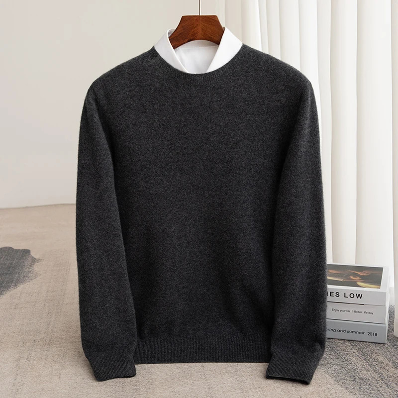 Autumn and winter 100% pure wool mens round neck business casual sweater cashmere bottom sweater 241113