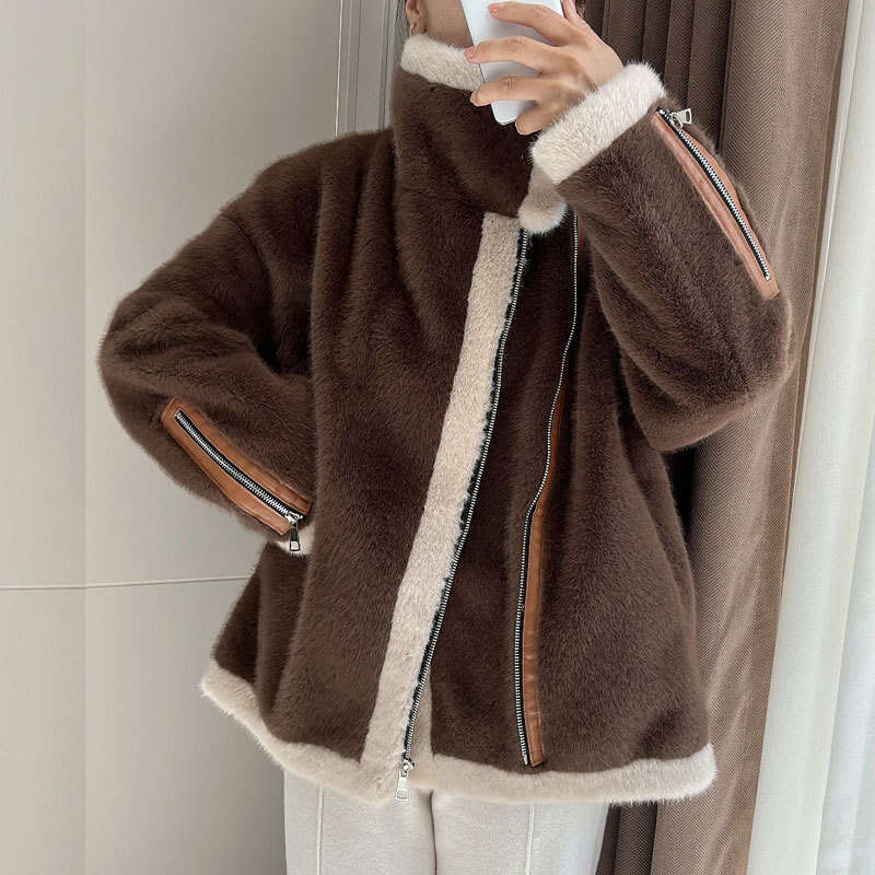 shanshi fur coat women Winter new Korean loose faux fur jacket with thick and warm zipper plush cardigan for women's outerwear