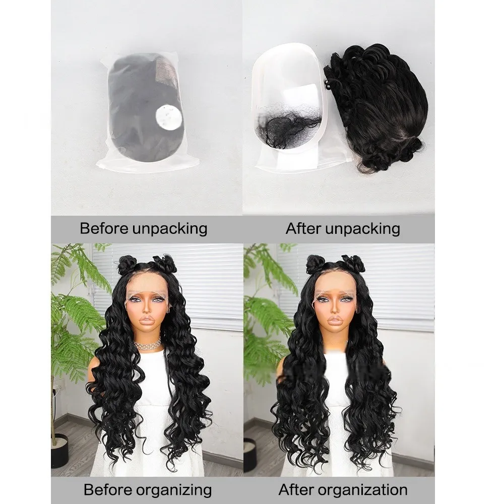 13x6 Cosplay Loose Deep Wave Front Classy Simulation Human Long Hair Wigs Frontal Transparent HD Lace Closure Wig for Black Women Glueless Synthetic