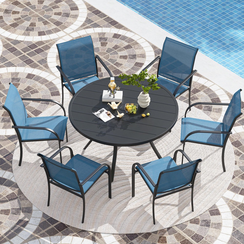 2024 Outdoor Patio Round Dining Table, Metal Slatted Round Tabletop with Adjustable Umbrella Hole for Deck Lawn Garden Backyard