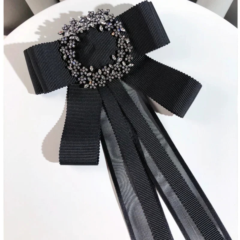 Korean Fashion Bow Tie Brooches Pins Handmade Black Fabric Crystal Bows Necktie Female Shirt Collar School Uniform Accessories 241113