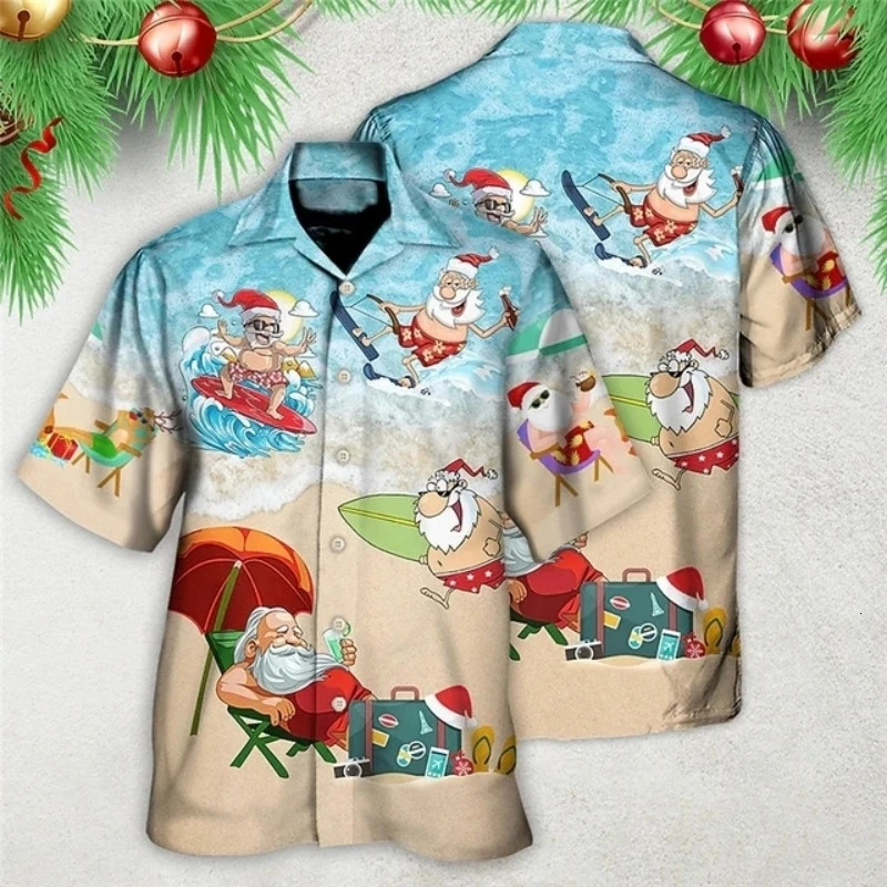 Christmas Mens Hawaii Shirt Short Sleeve Year Xmas 3D Printing Tops Santa Claus Party Beachwear Camping Vacation Apparel 241108