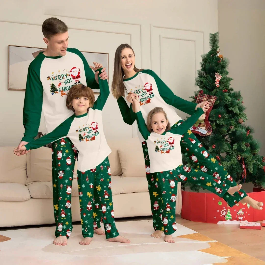 Xmas Gift Family Matching Outfits Green Allover Print Parent-child Christmas Pajamas Set Baby Boys Girls Costumes Party Pyjamas 241112
