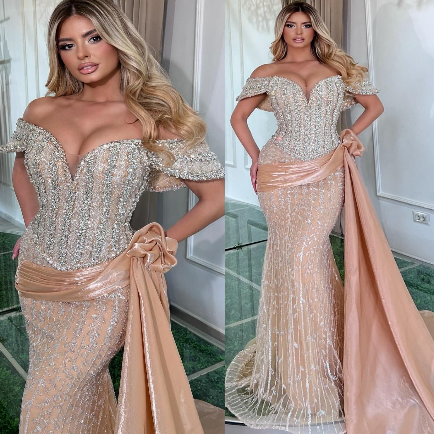 2024 Plus Size Champagne Illusion Mermaid Prom Dresses For Special Occasions Rhinestones Satin Evening Party Birthday Gowns Dress For Women Vestidos d