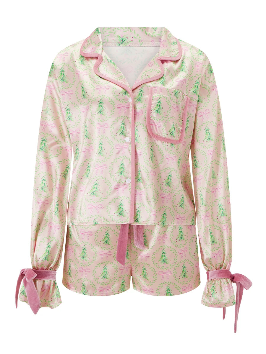 2025 Christmas Pajamas for Women Bow Tie Long Sleeve Shirt Shorts Satin Silk Funny Graphic 2 Piece Pjs Set Sleepwear 241113